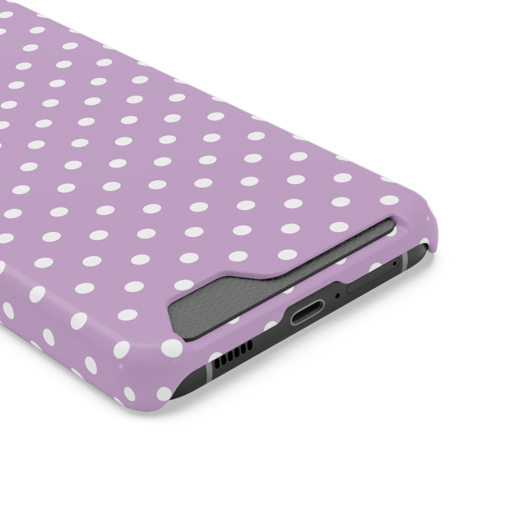 Purple Polka Dot phone case with card holder, close-up of the card slot