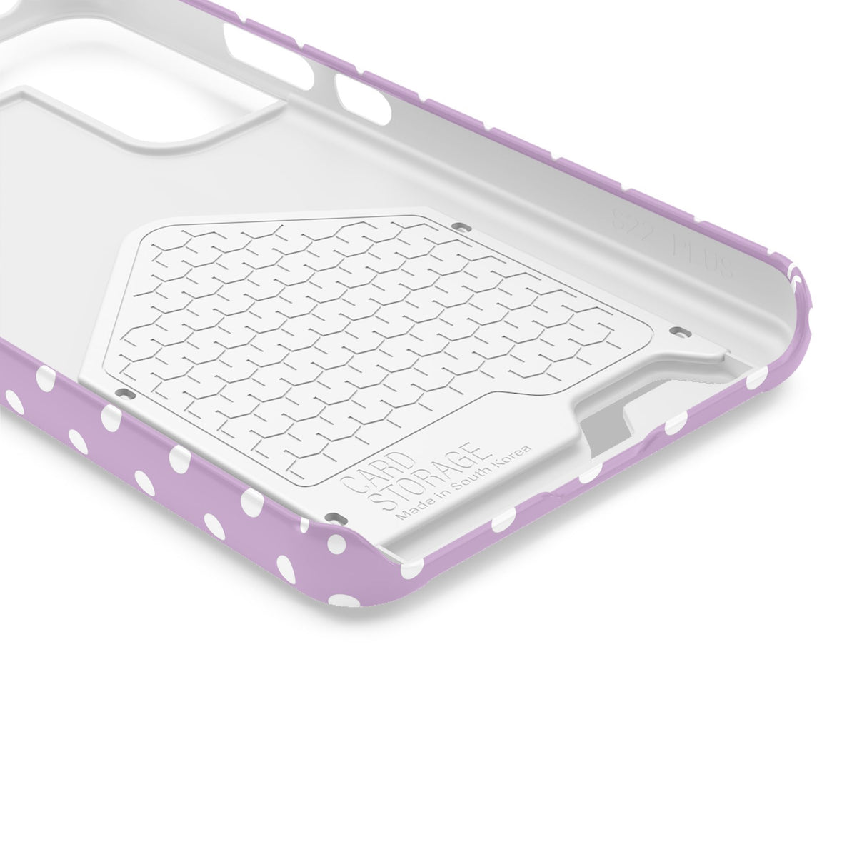Purple Polka Dot phone case with card holder, close-up of the inside