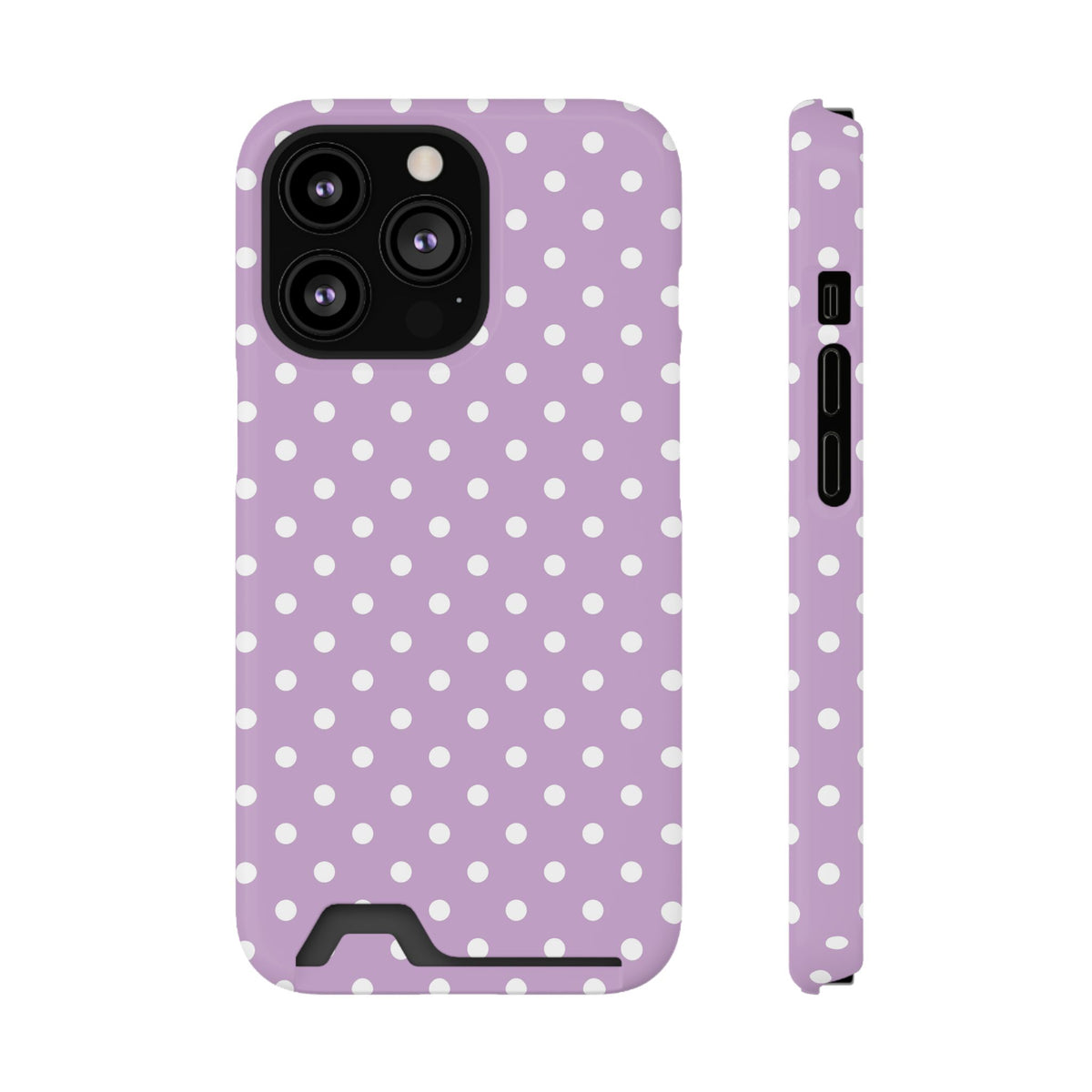 Purple Polka Dot phone case with card holder for iPhone 13 Pro, glossy finish