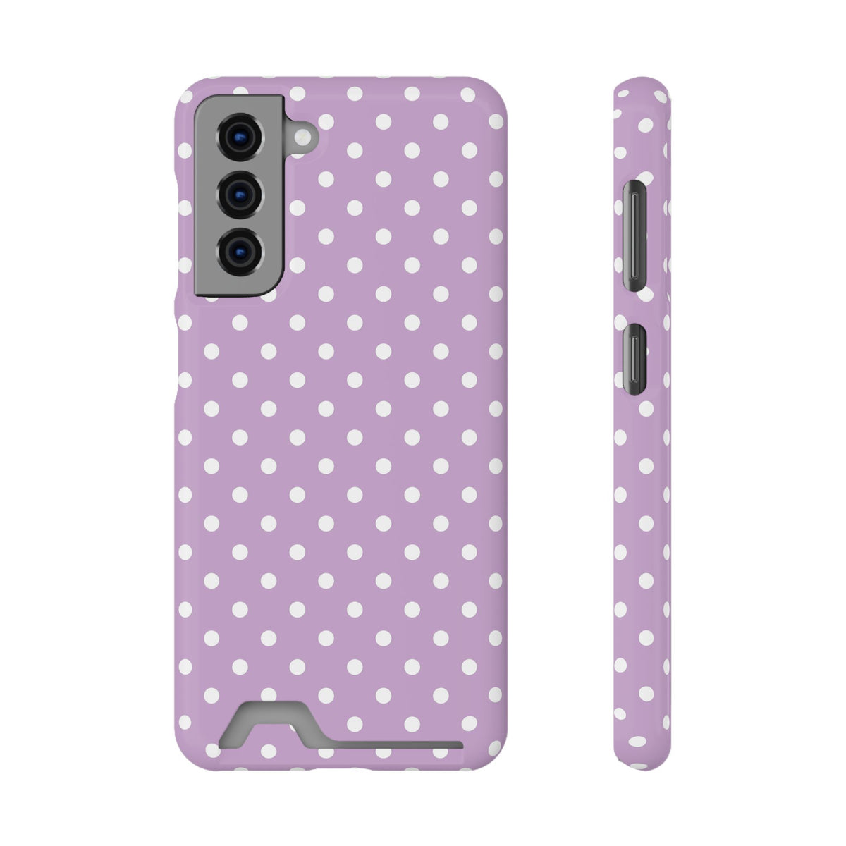 Purple Polka Dot phone case with card holder for Samsung Galaxy S21, glossy finish