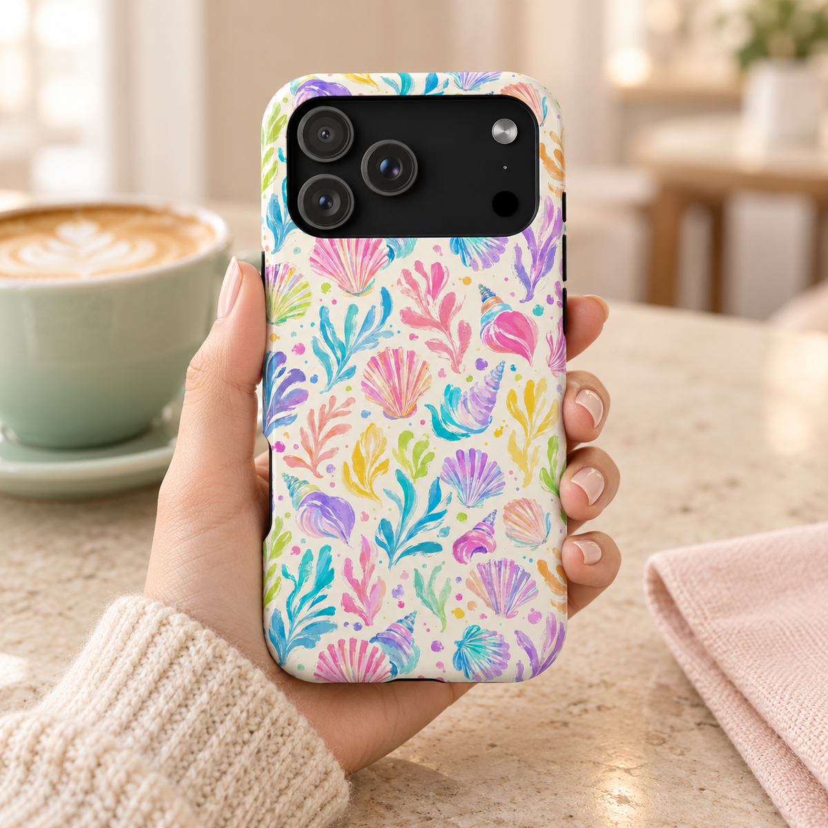 Rainbow Reef MagSafe case, rainbow seashells and coral on cream, lifestyle photo in hand with coffee