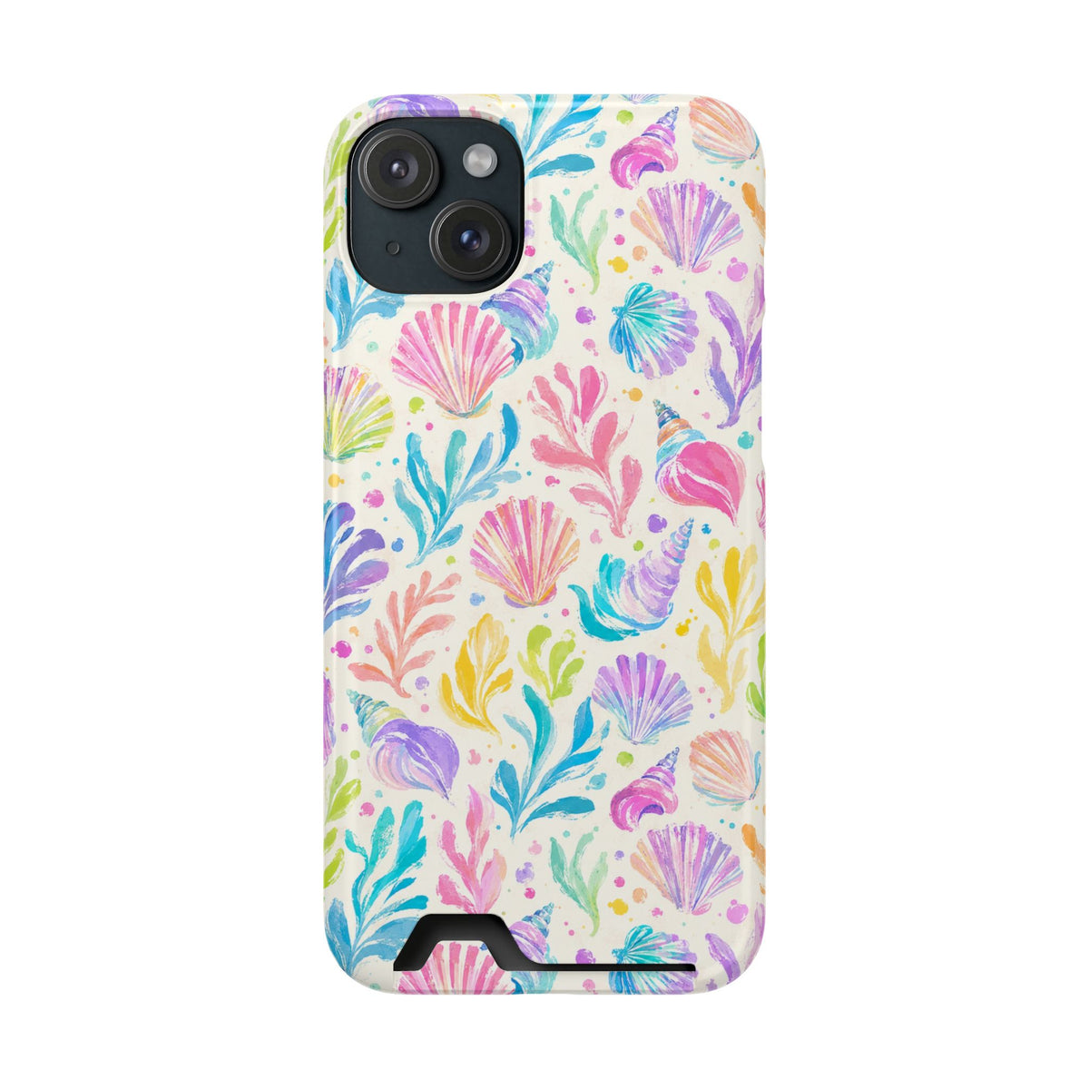 Rainbow Reef phone case with card holder for iPhone 15 Plus, glossy finish