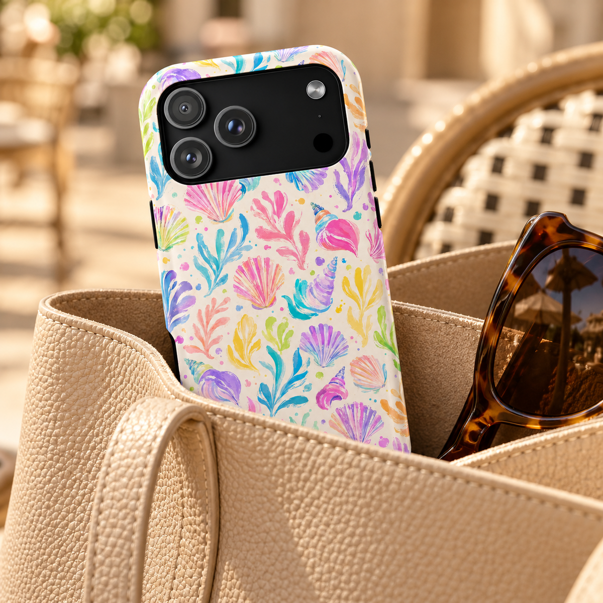 Rainbow Reef phone case with card holder, rainbow seashells and coral on cream, lifestyle photo in a handbag