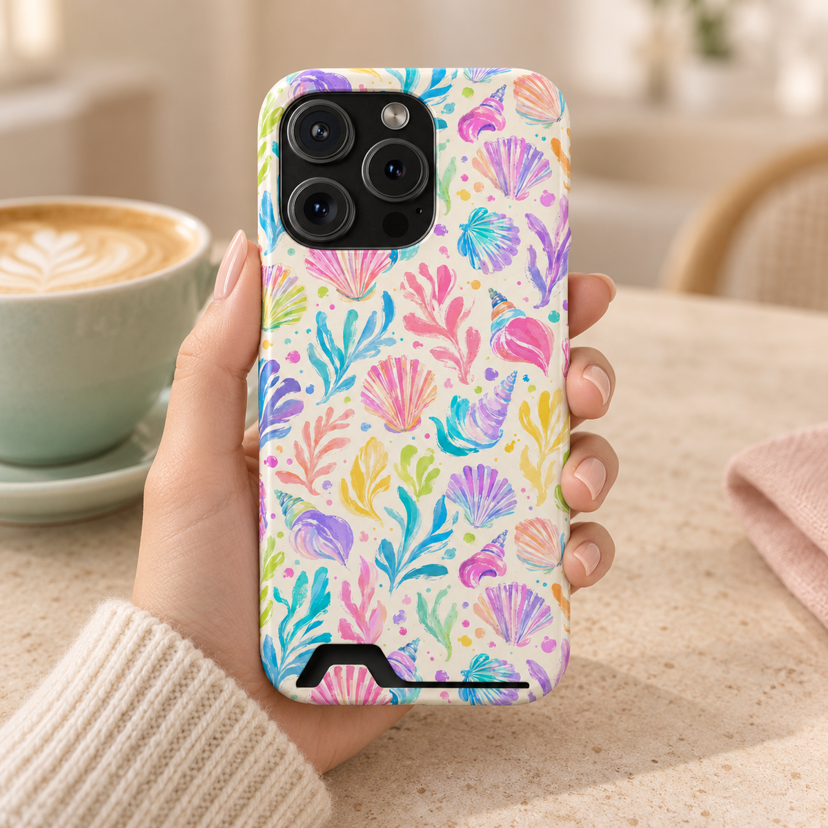 Rainbow Reef phone case with card holder, rainbow seashells and coral on cream, lifestyle photo in hand with coffee