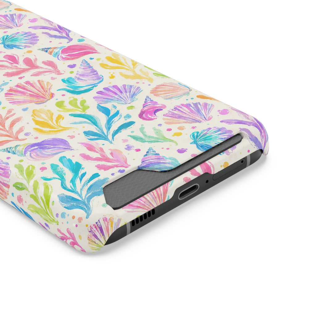 Rainbow Reef phone case with card holder, close-up of the card slot