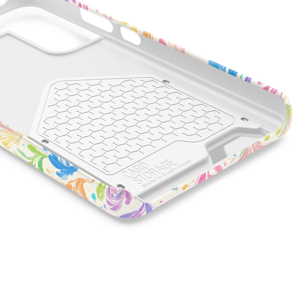 Rainbow Reef phone case with card holder, close-up of the inside