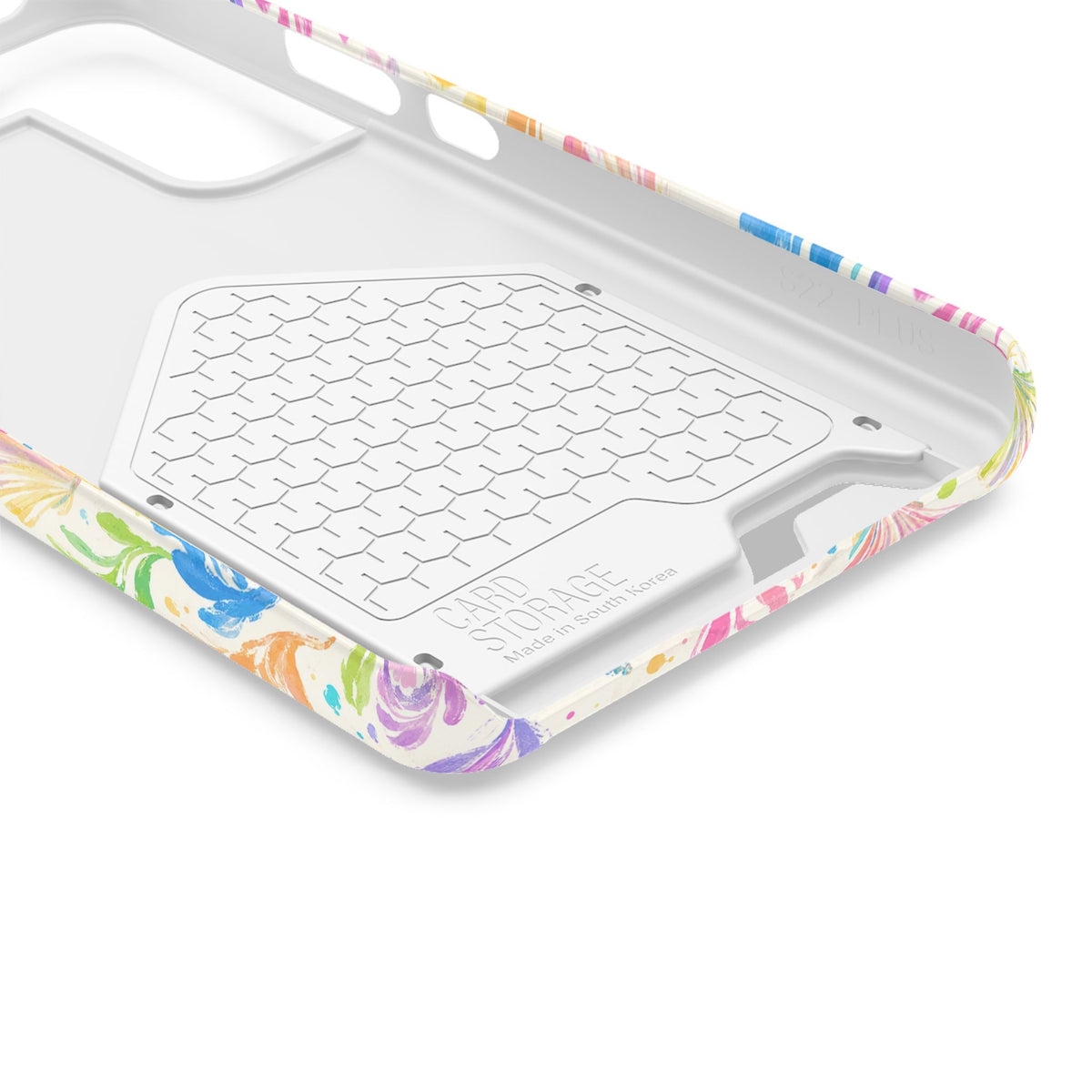 Rainbow Reef phone case with card holder, close-up of the inside