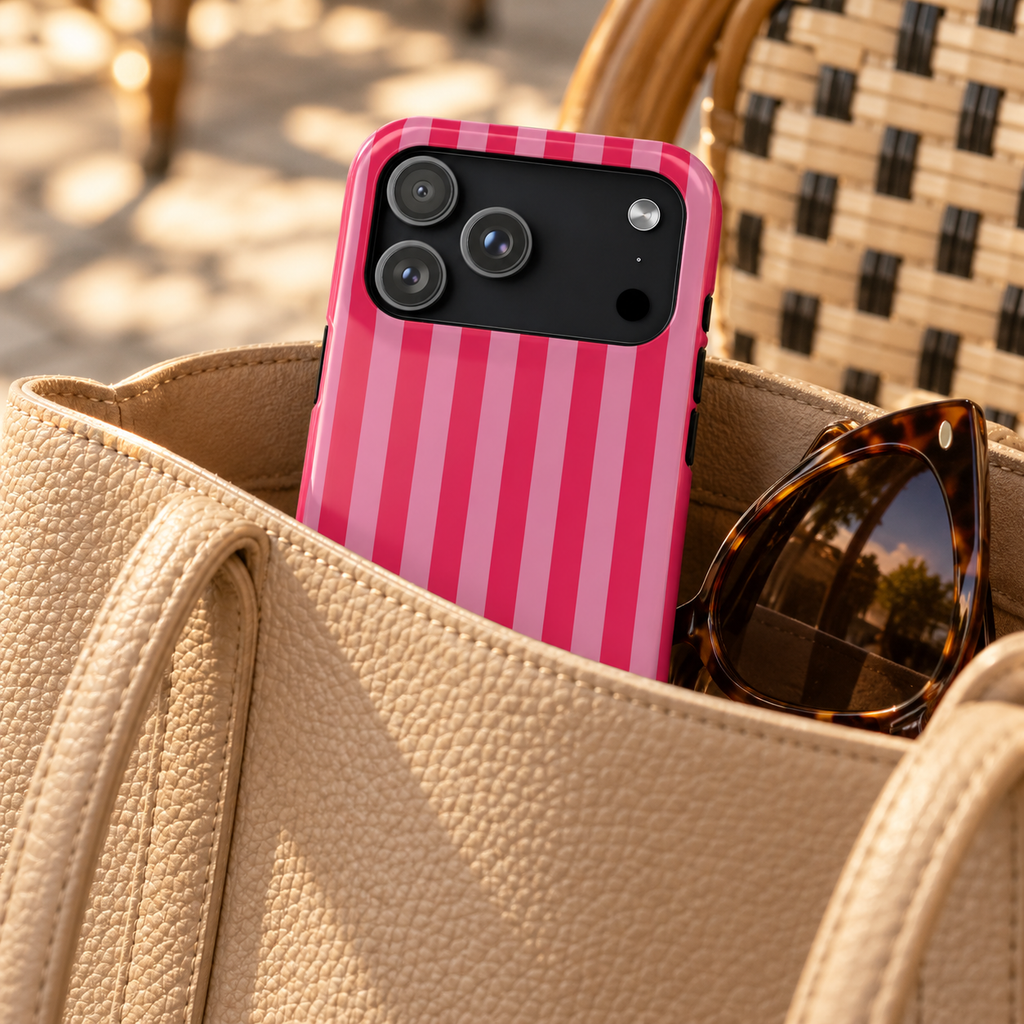 Raspberry Stripe protective phone case, wide raspberry and hot pink stripes, lifestyle photo in a handbag