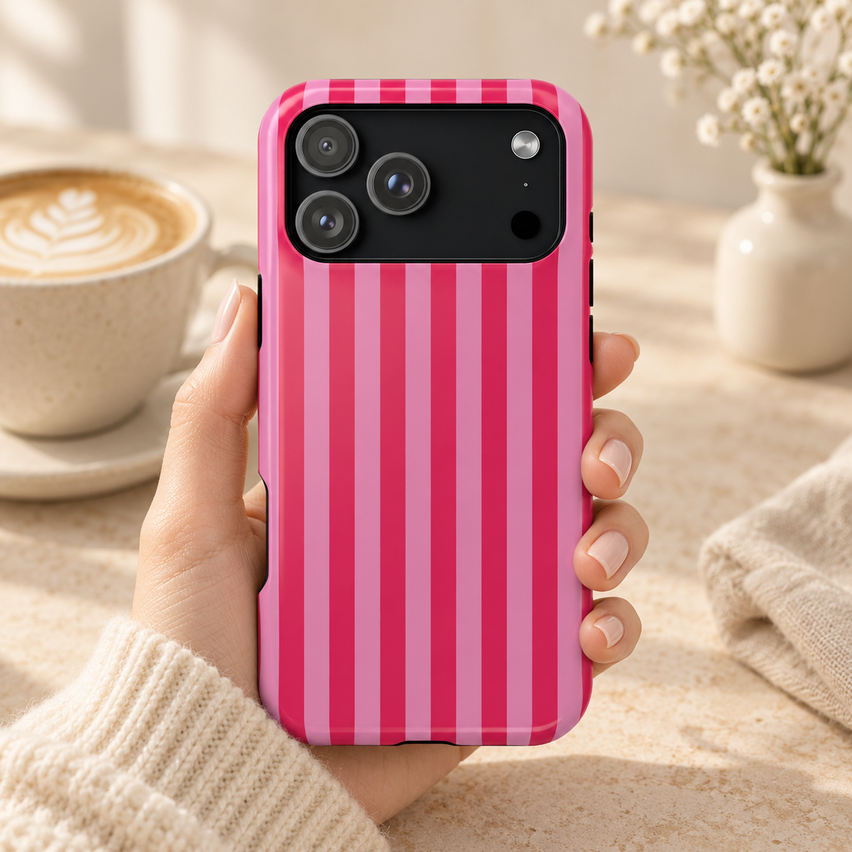 Raspberry Stripe protective phone case, wide raspberry and hot pink stripes, lifestyle photo in hand with coffee