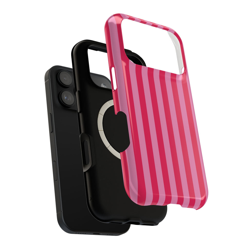 Raspberry Stripe MagSafe case, close-up of the dual-layer construction