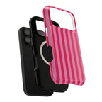Raspberry Stripe MagSafe case, close-up of the dual-layer construction