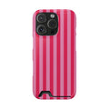Raspberry Stripe phone case with card holder for iPhone 16 Pro, glossy finish