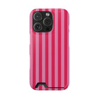 Raspberry Stripe phone case with card holder for iPhone 16 Pro, glossy finish