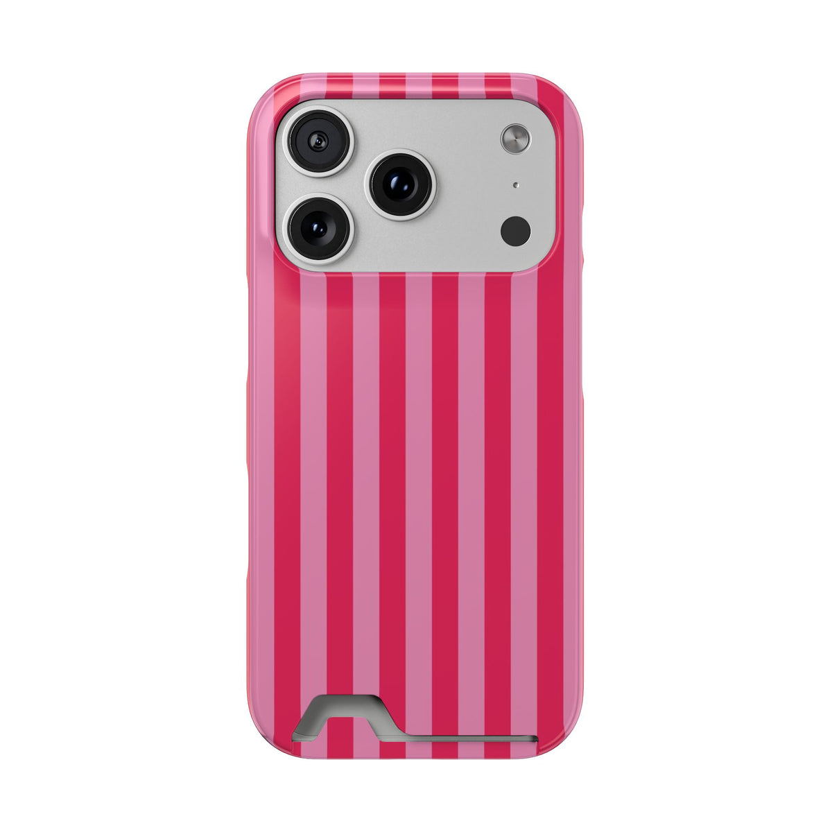 Raspberry Stripe phone case with card holder for iPhone 17 Pro, glossy finish