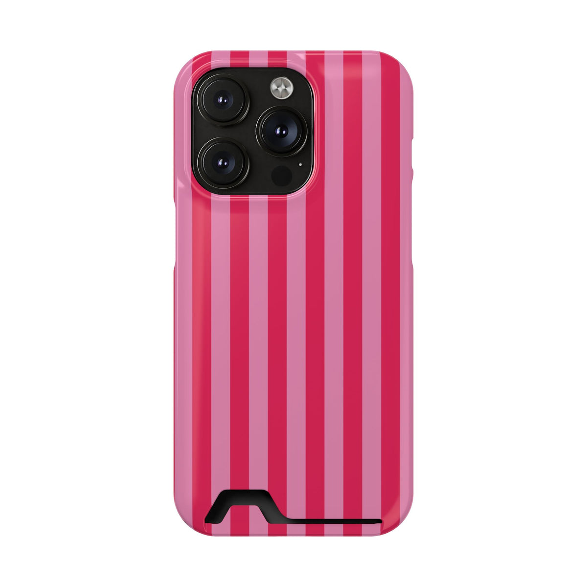 Raspberry Stripe phone case with card holder for iPhone 14 Pro, glossy finish