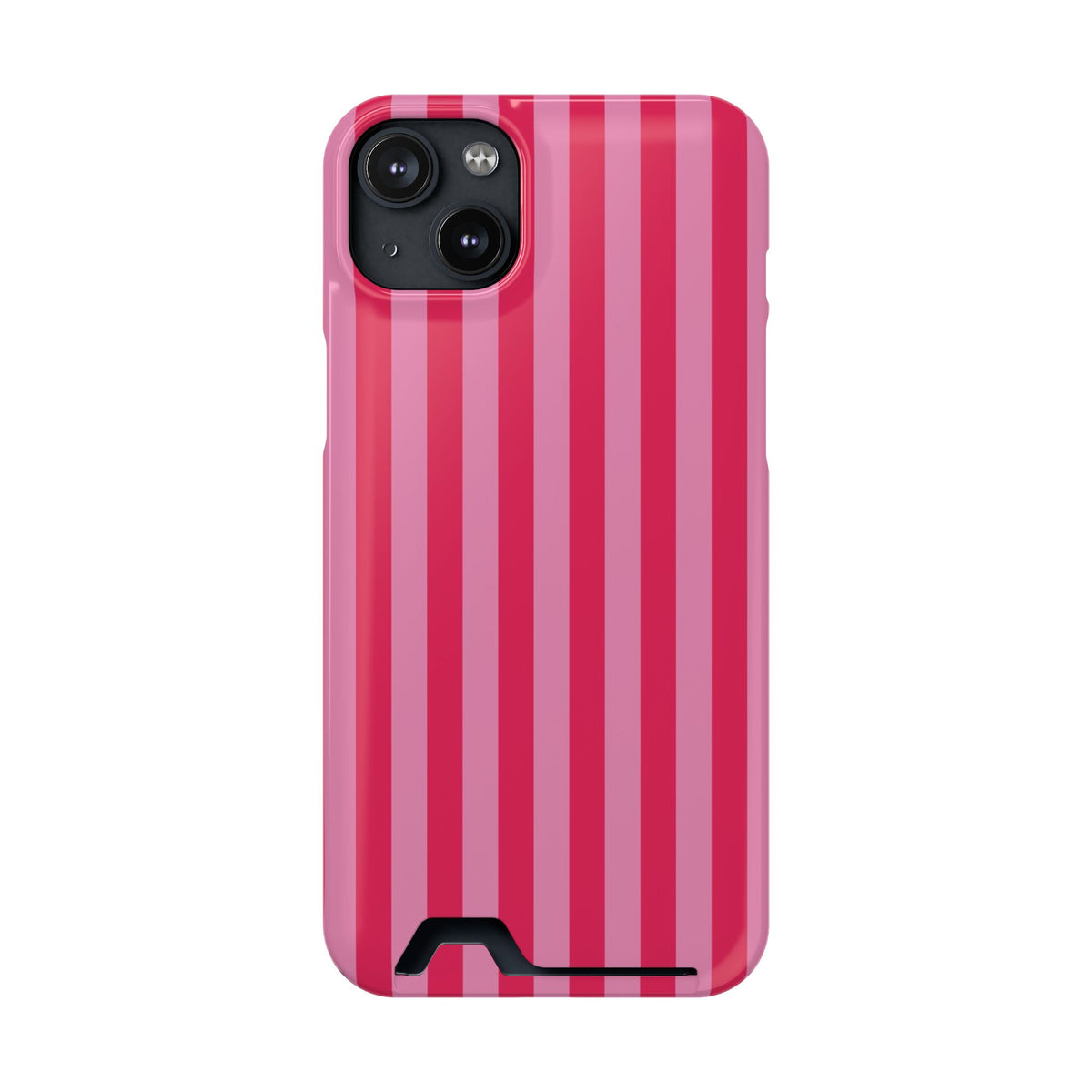 Raspberry Stripe phone case with card holder for iPhone 14 Plus, glossy finish
