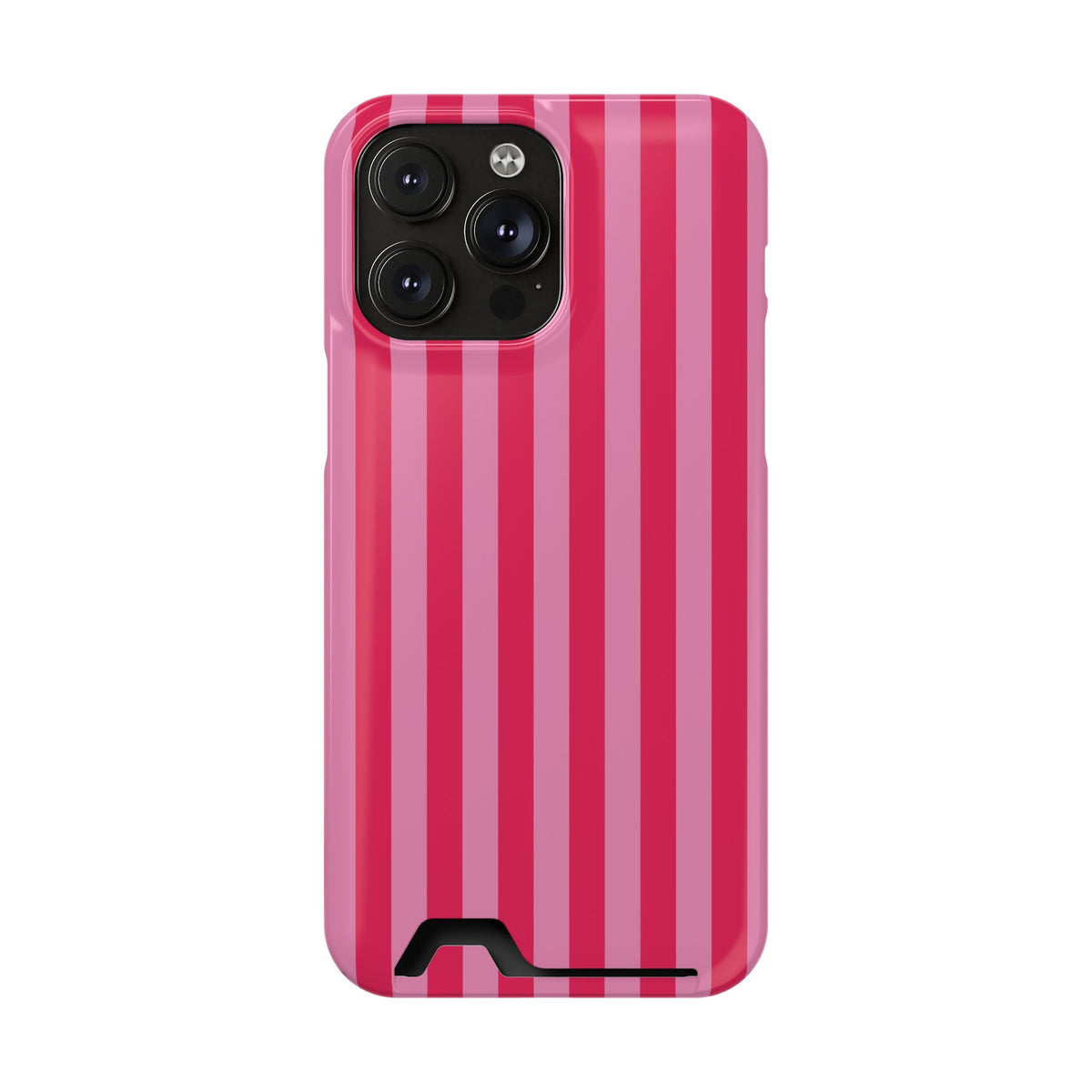 Raspberry Stripe phone case with card holder for iPhone 14 Pro Max, glossy finish