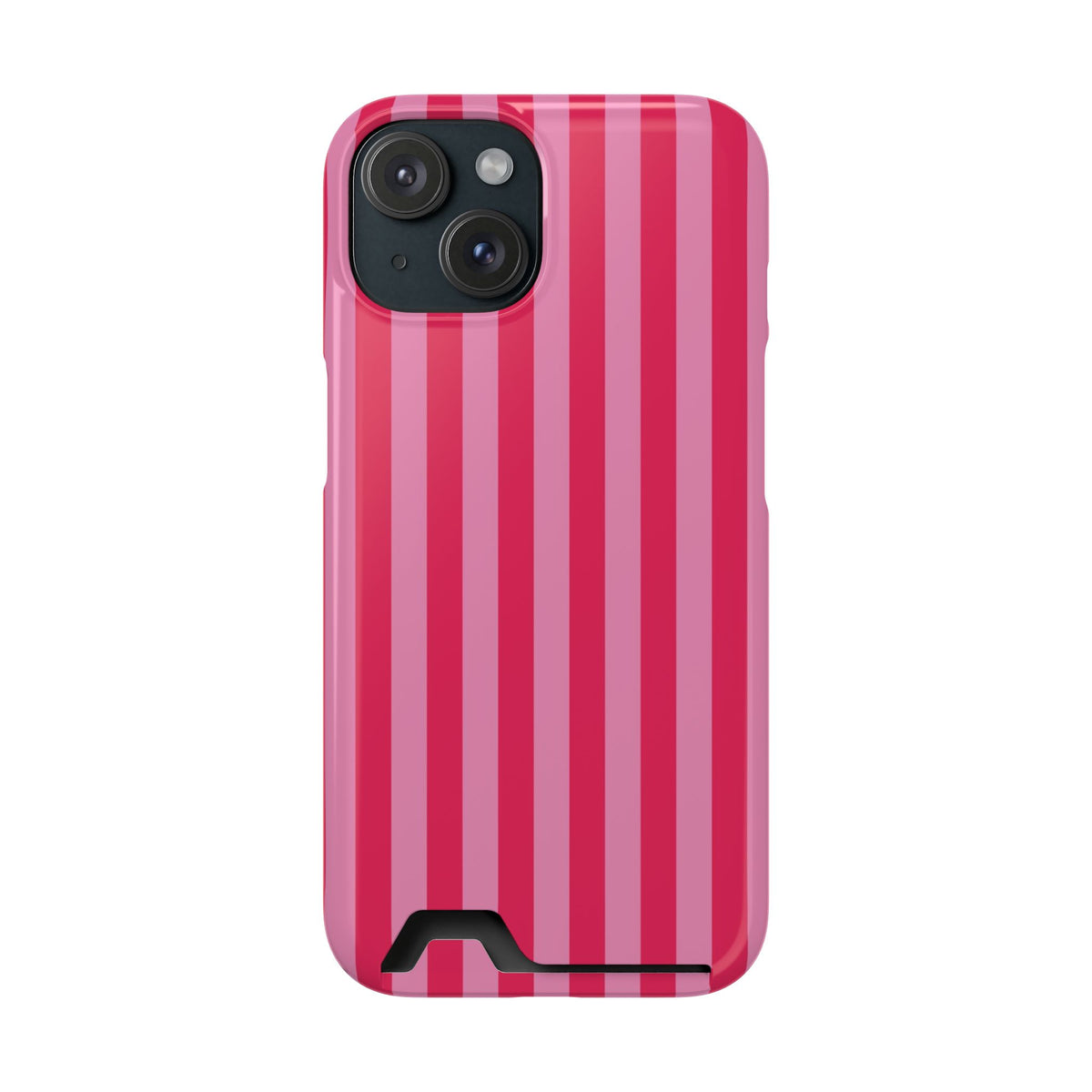 Raspberry Stripe phone case with card holder for iPhone 15, glossy finish