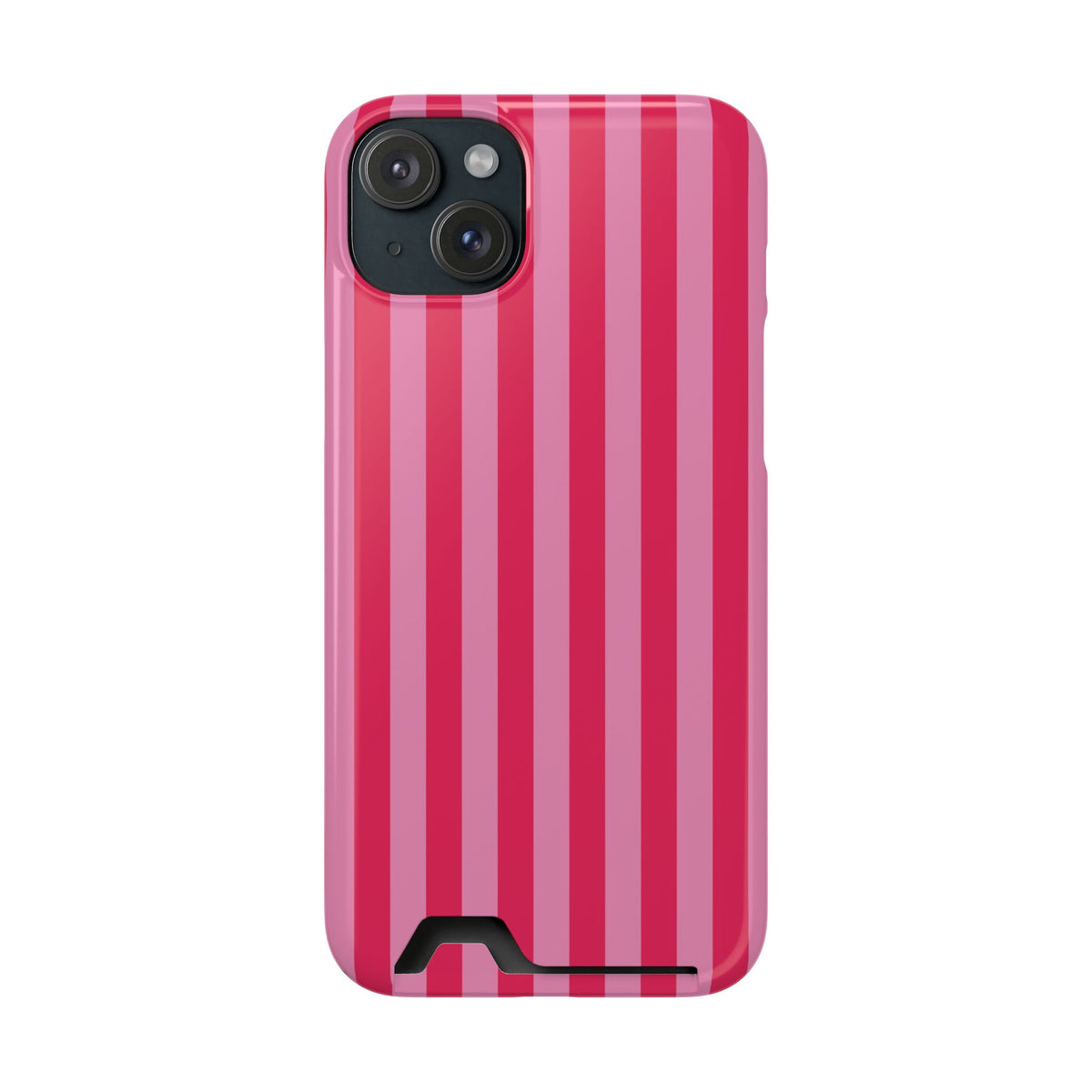 Raspberry Stripe phone case with card holder for iPhone 15 Plus, glossy finish