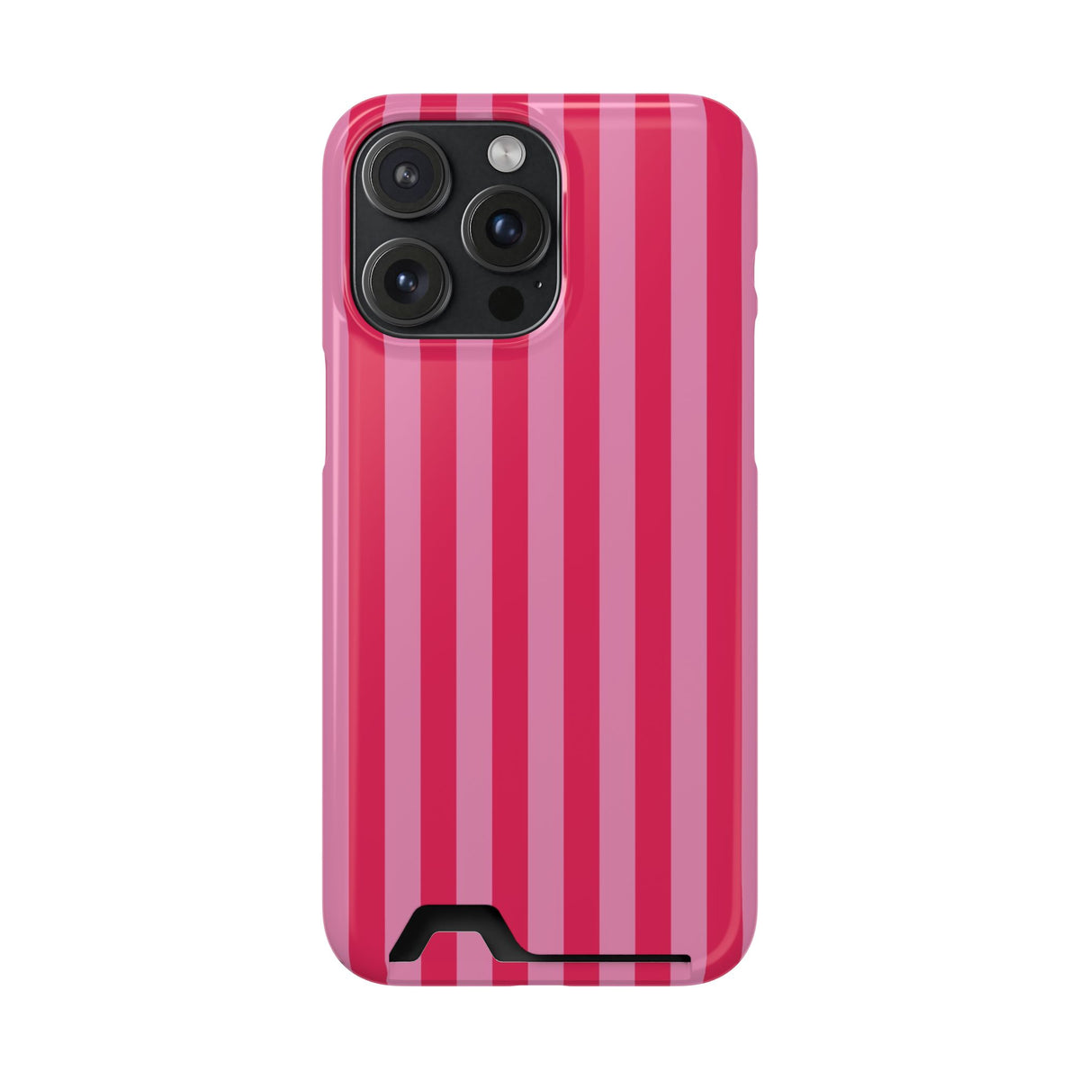 Raspberry Stripe phone case with card holder for iPhone 15 Pro Max, glossy finish