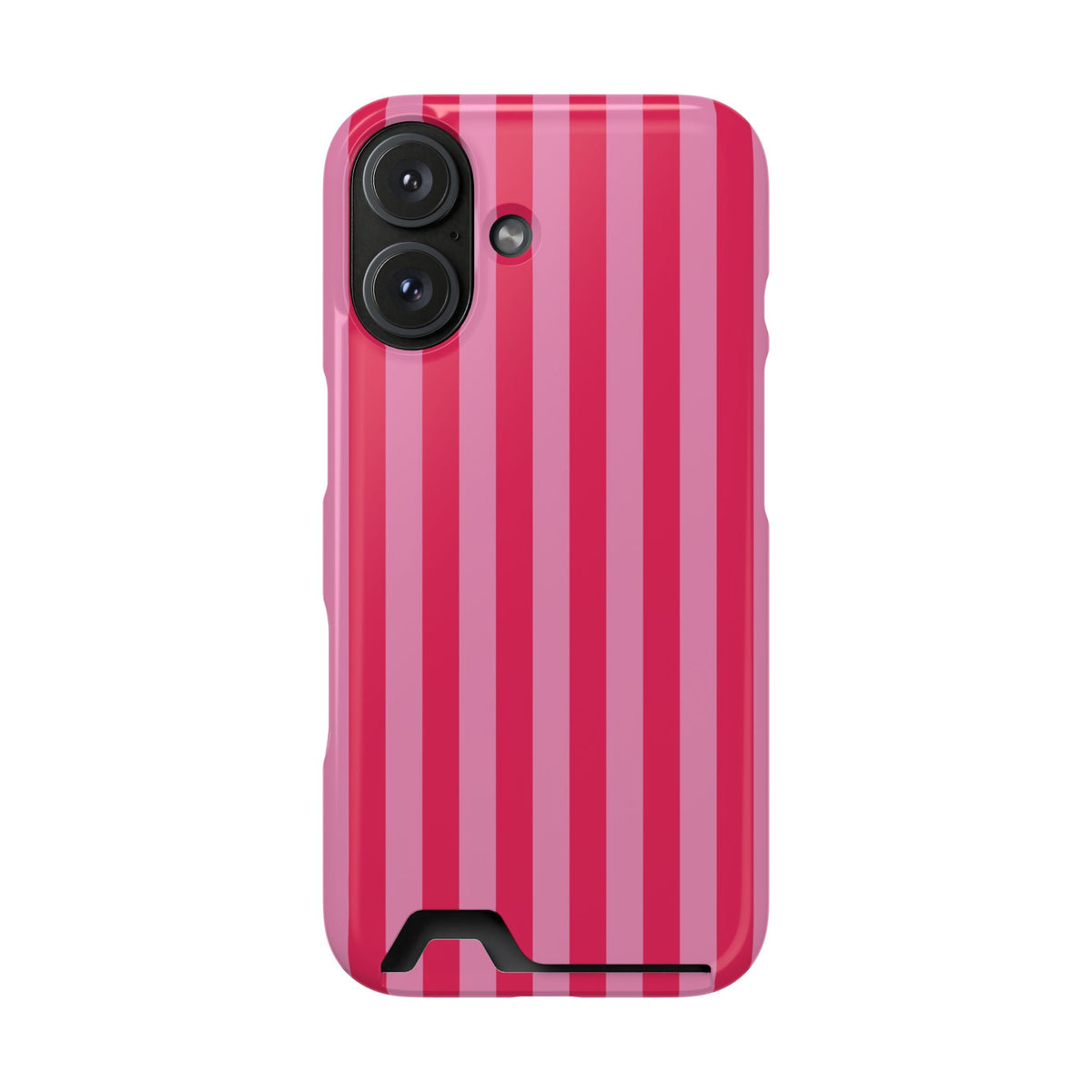 Raspberry Stripe phone case with card holder for iPhone 16, glossy finish