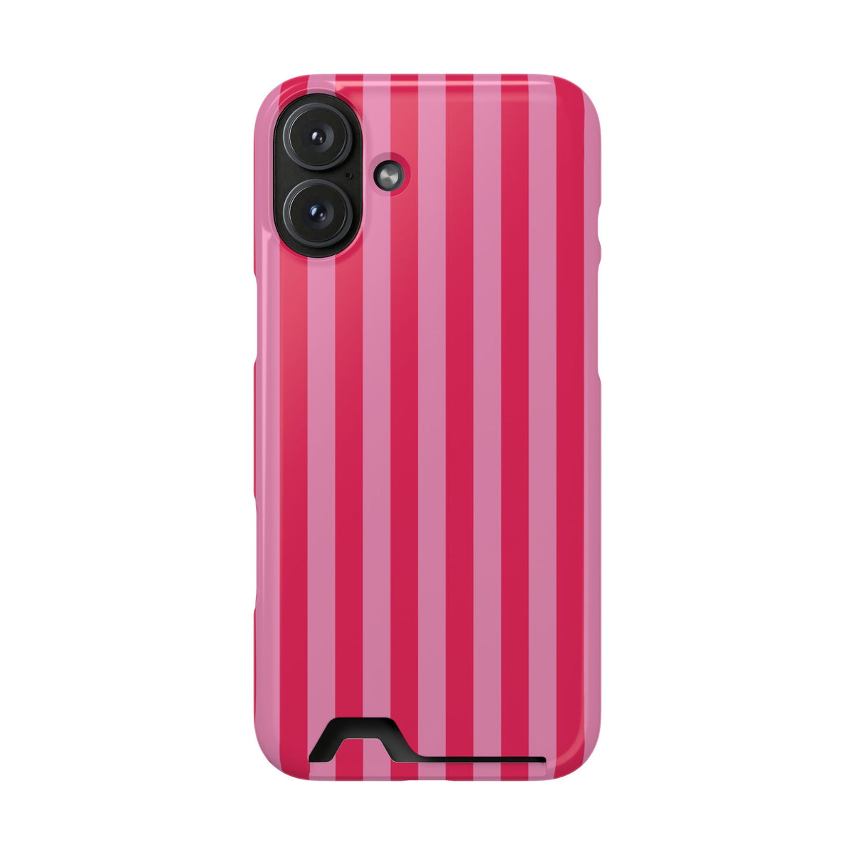 Raspberry Stripe phone case with card holder for iPhone 16 Plus, glossy finish