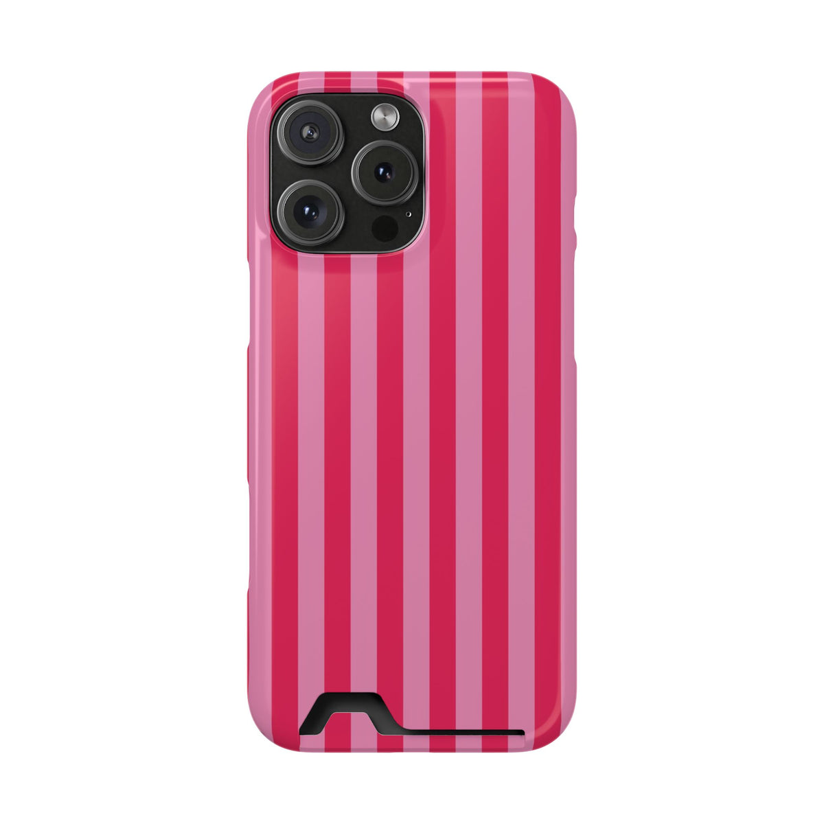 Raspberry Stripe phone case with card holder for iPhone 16 Pro Max, glossy finish
