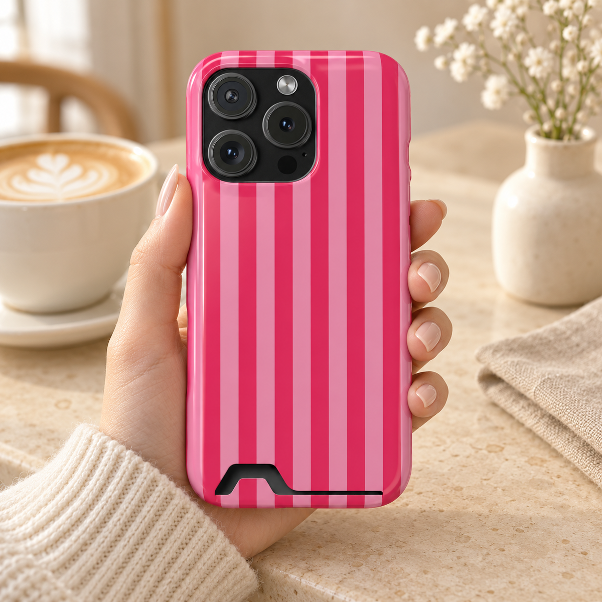 Raspberry Stripe phone case with card holder, wide raspberry and hot pink stripes, lifestyle photo in hand with coffee