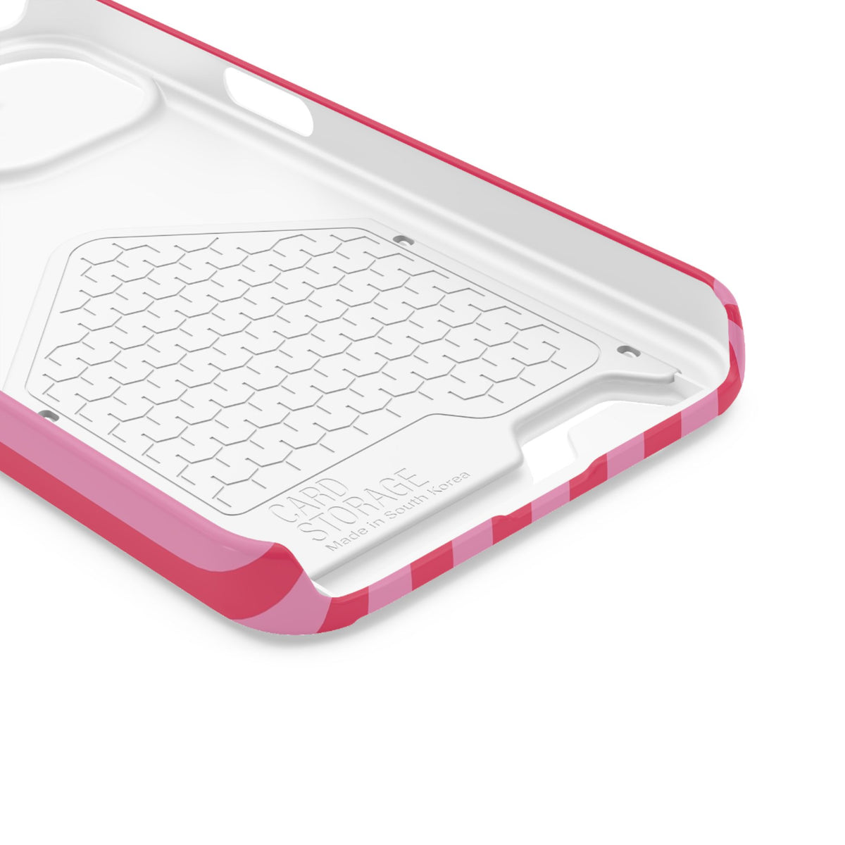 Raspberry Stripe phone case with card holder for iPhone 13, glossy finish