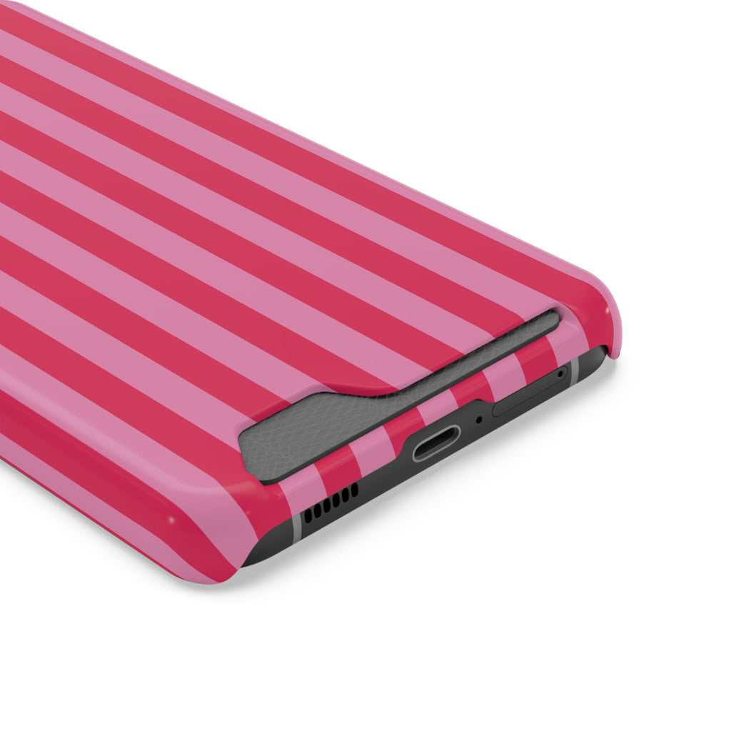 Raspberry Stripe phone case with card holder, close-up of the card slot