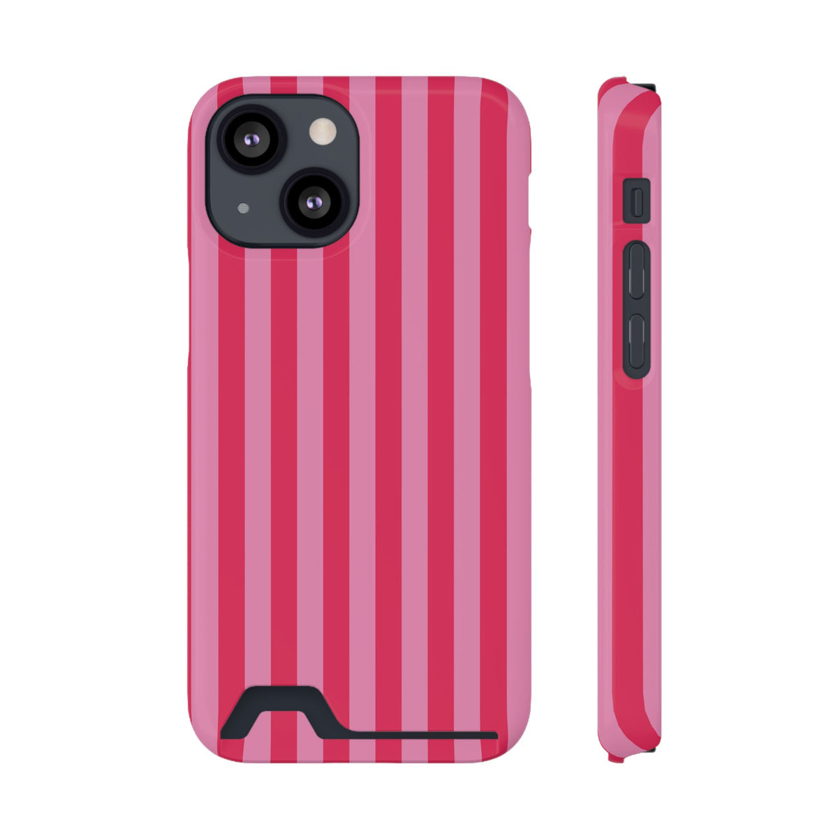 Raspberry Stripe phone case with card holder for iPhone 13 Mini, glossy finish