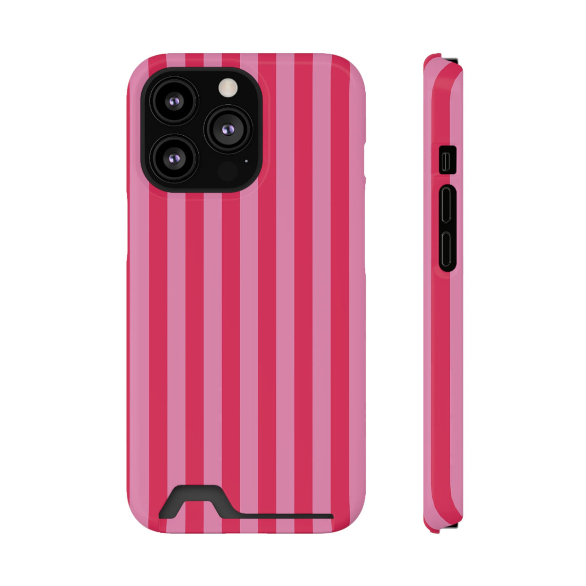Raspberry Stripe phone case with card holder for iPhone 13 Pro, glossy finish