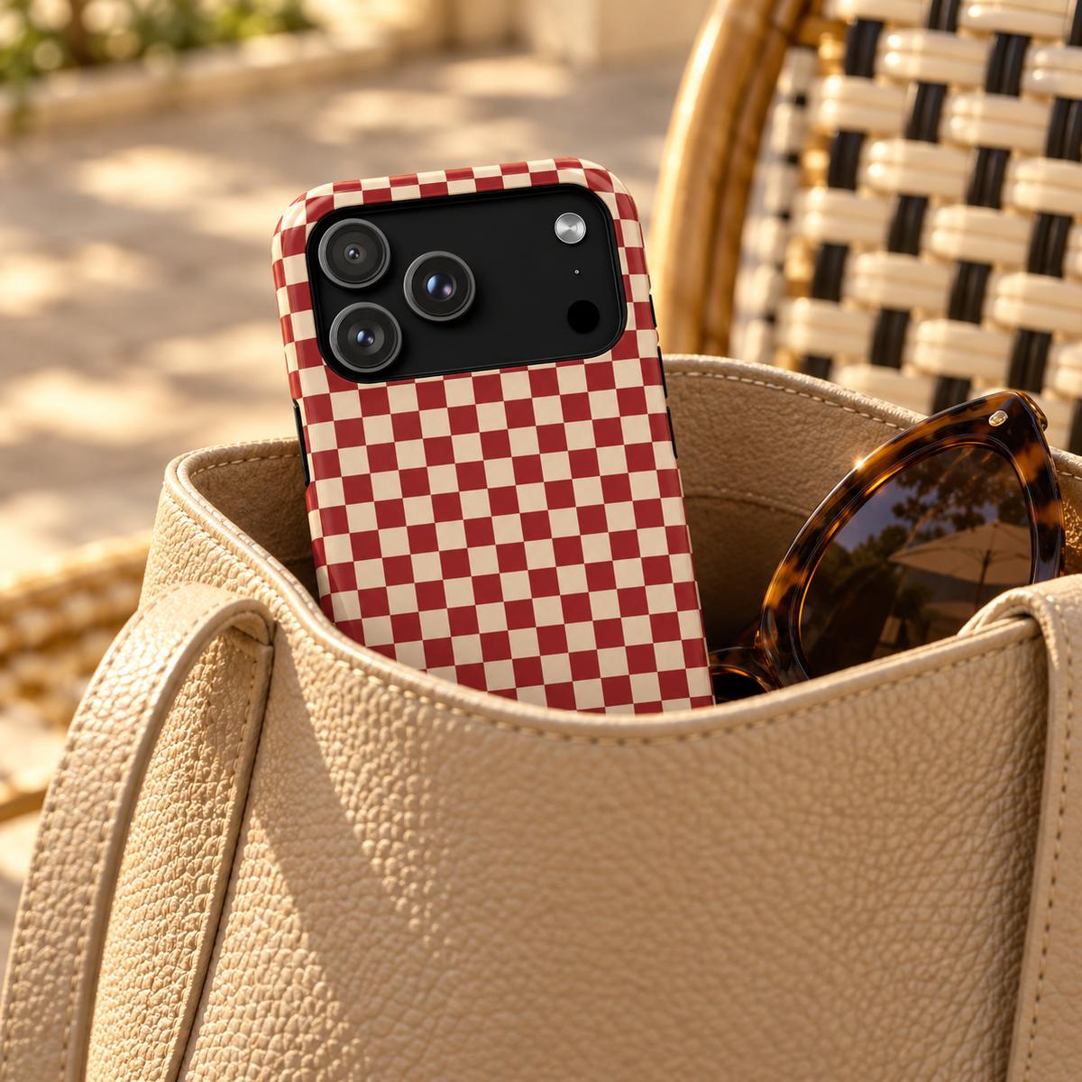 Red Checkered protective phone case, a red and cream checkerboard, lifestyle photo in a handbag