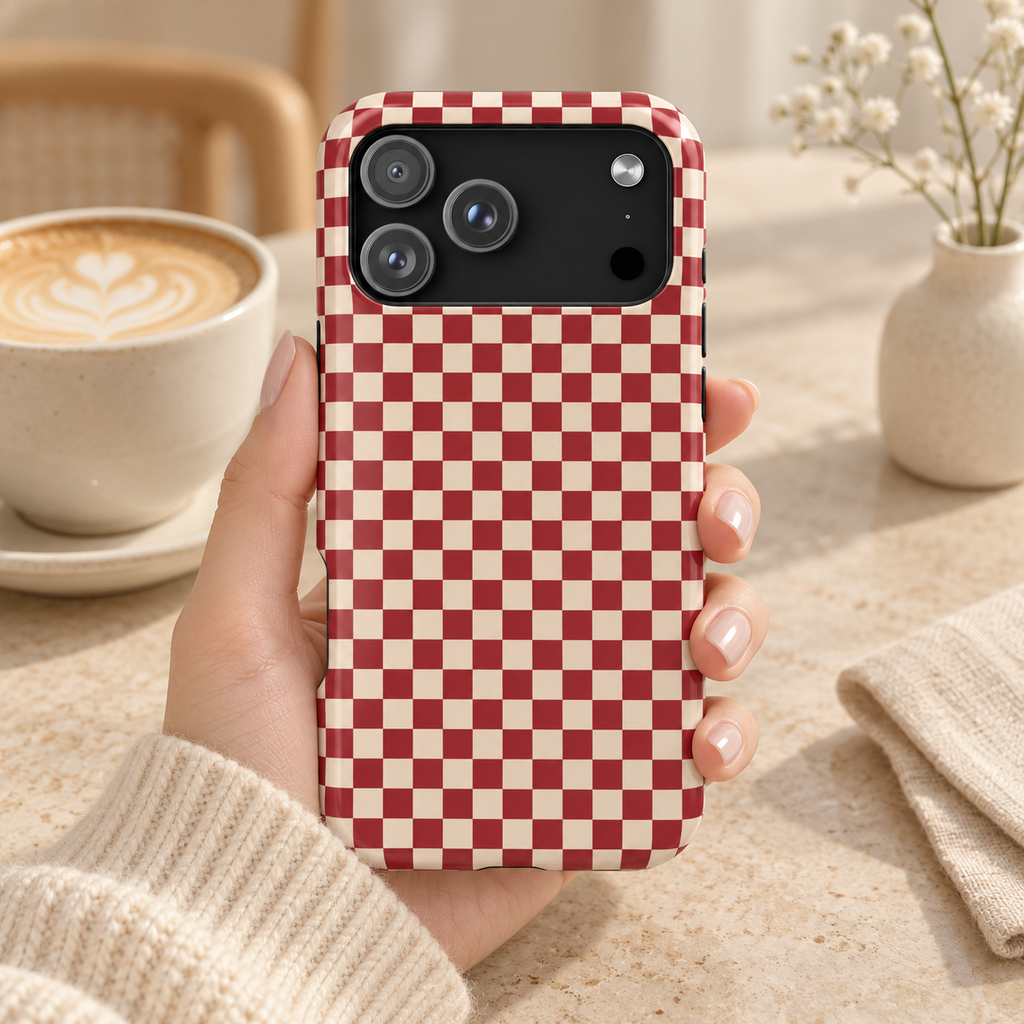 Red Checkered protective phone case, a red and cream checkerboard, lifestyle photo in hand with coffee