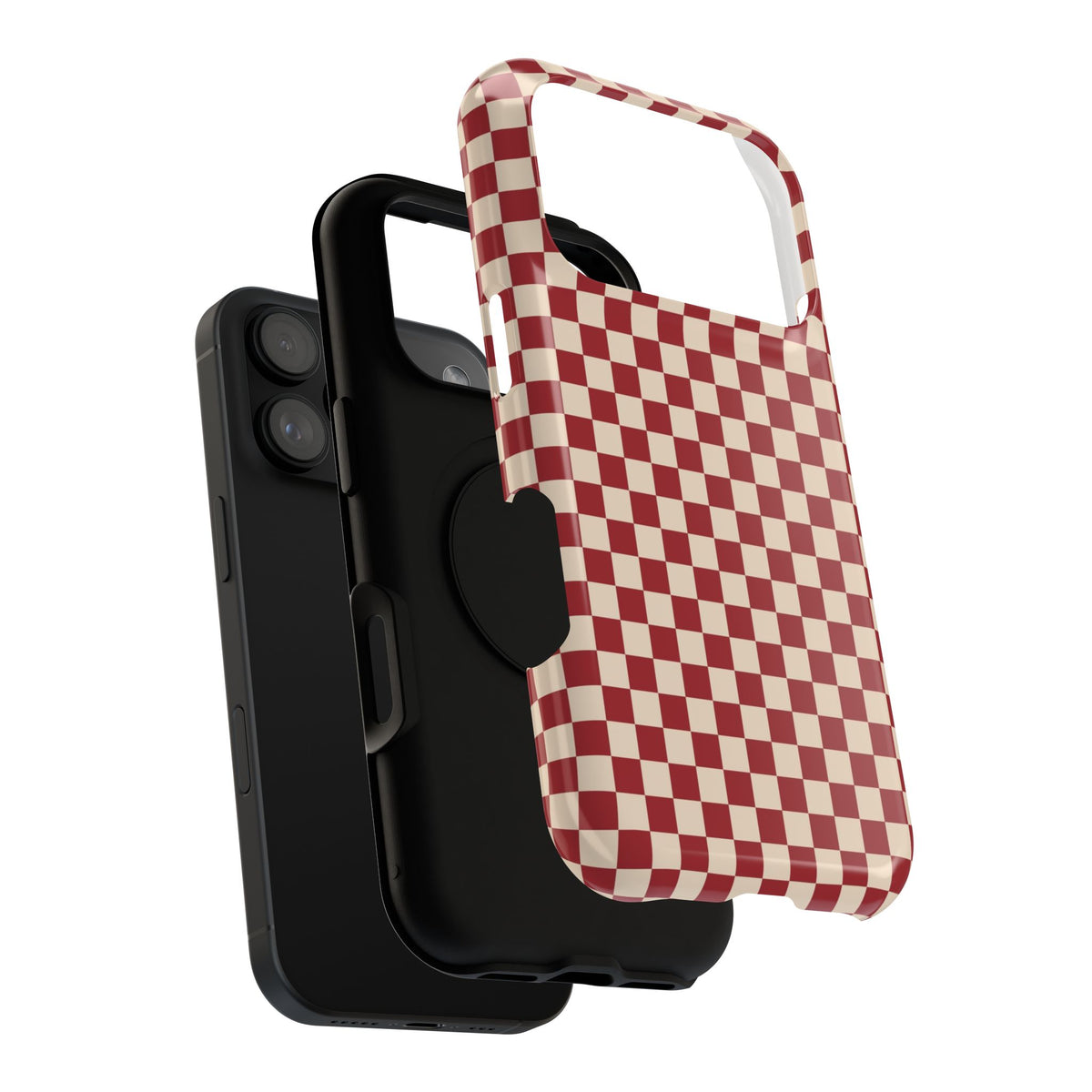 Red Checkered protective phone case, close-up of the dual-layer construction