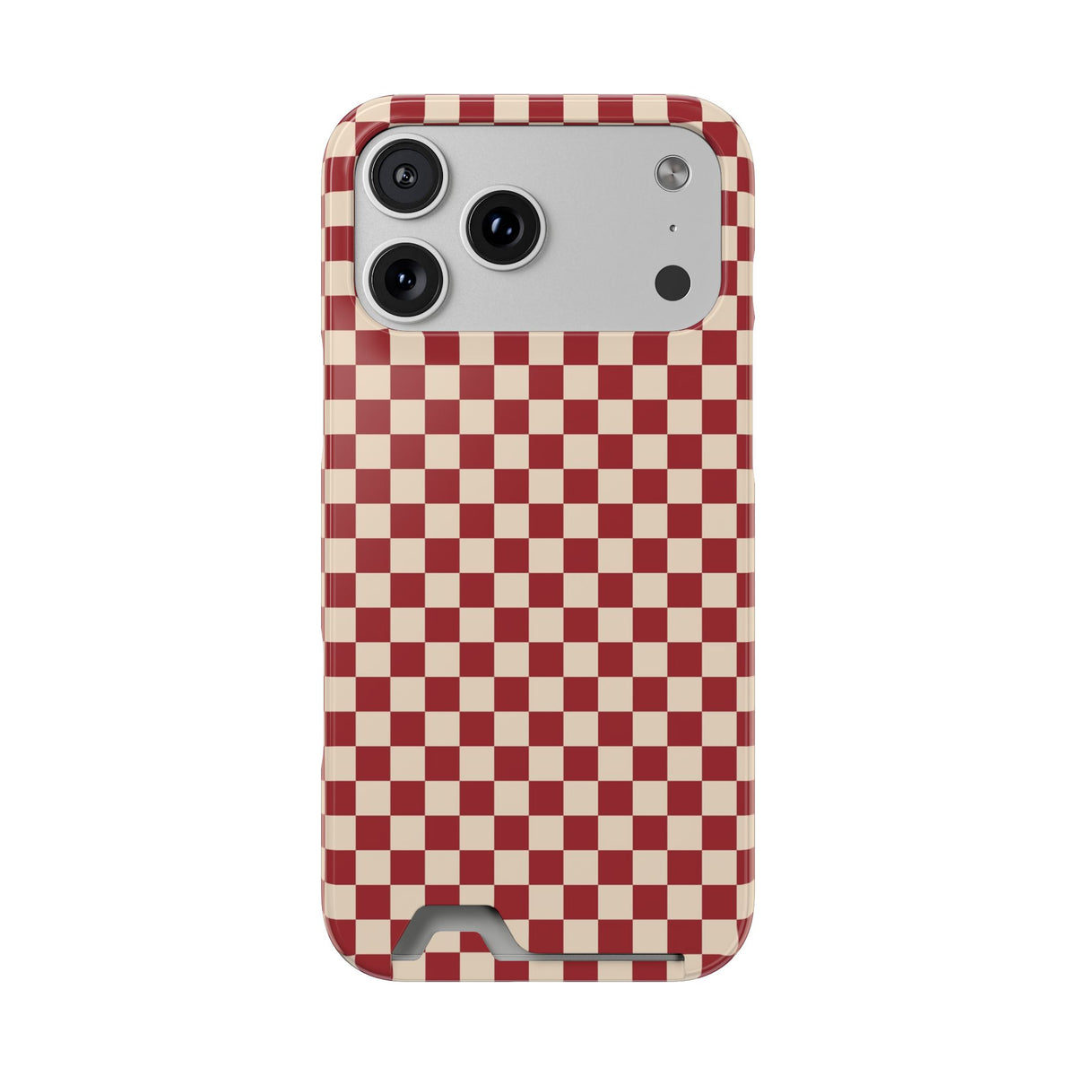 Red Checkered phone case with card holder for iPhone 17 Pro Max, glossy finish