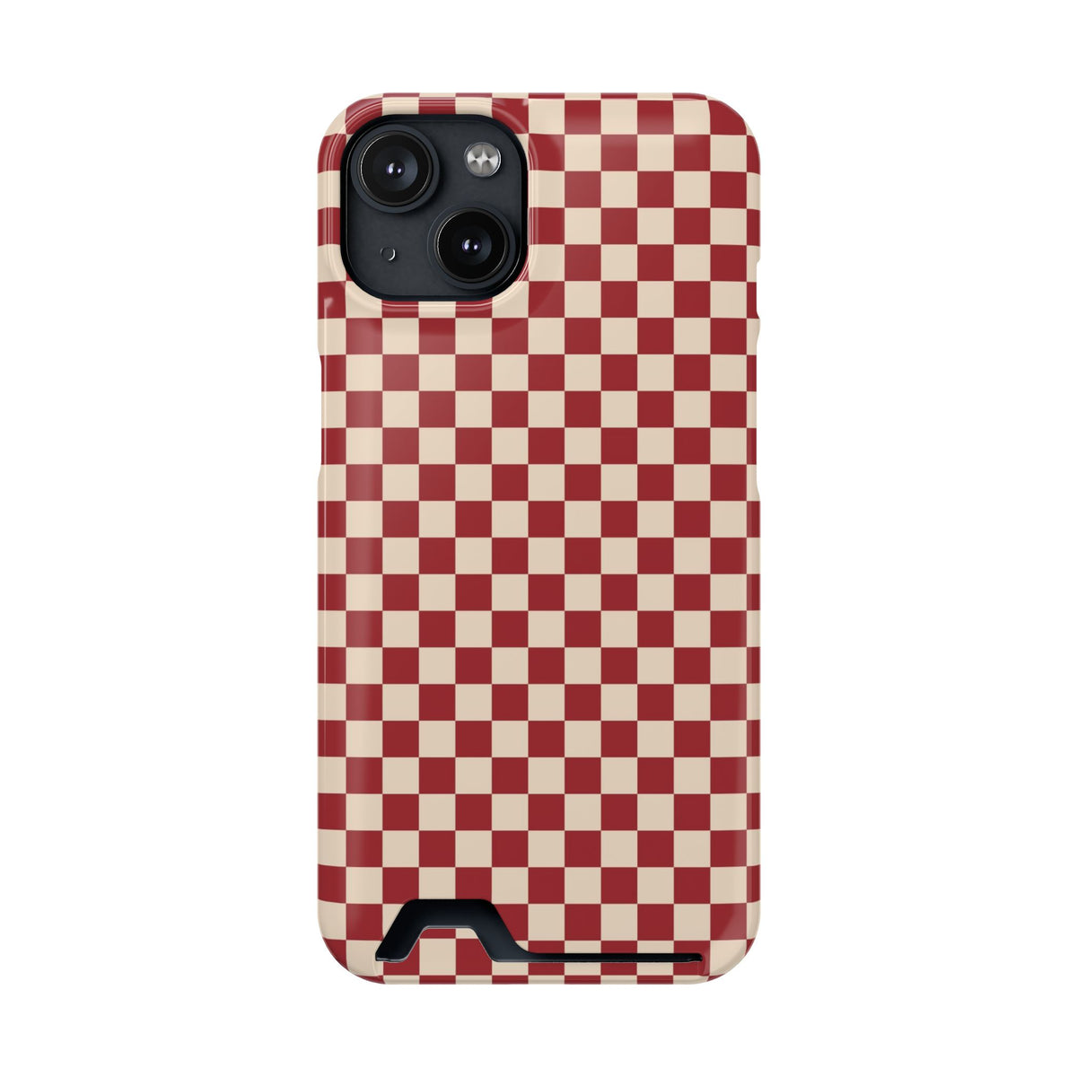 Red Checkered phone case with card holder for iPhone 14, glossy finish