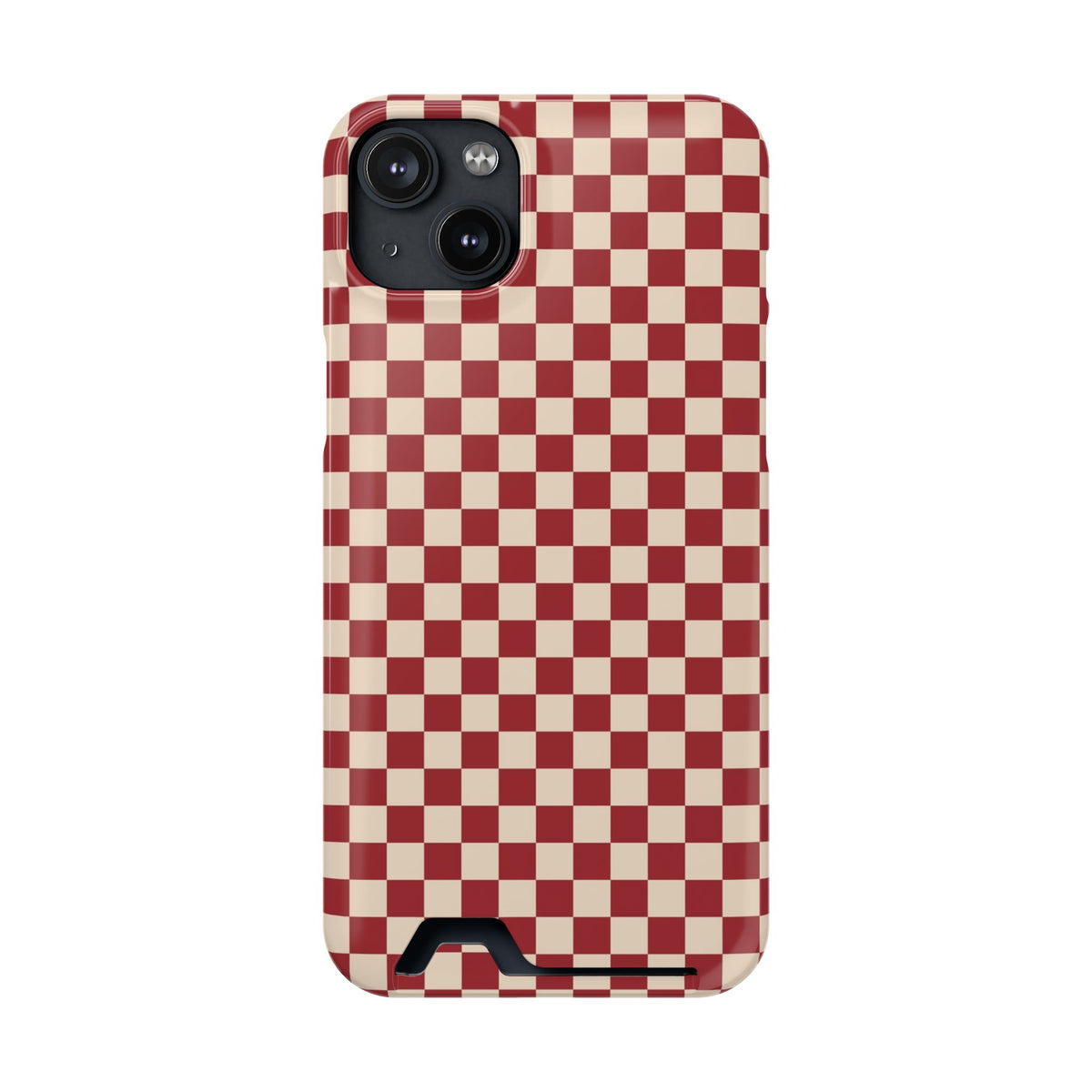 Red Checkered phone case with card holder for iPhone 14 Plus, glossy finish