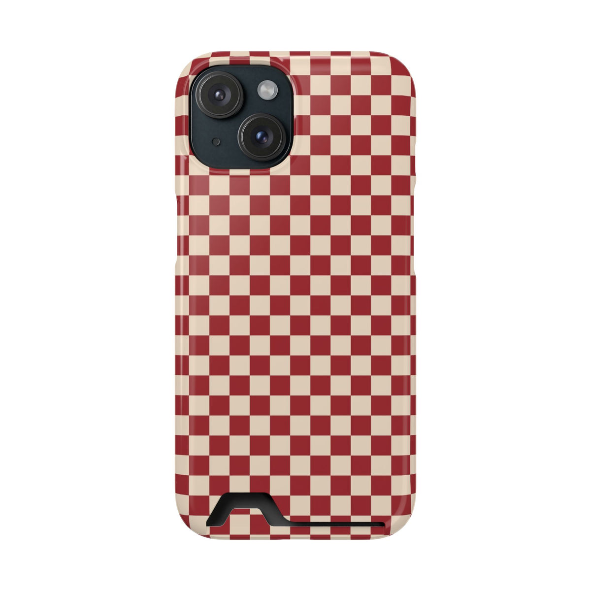 Red Checkered phone case with card holder for iPhone 15, glossy finish