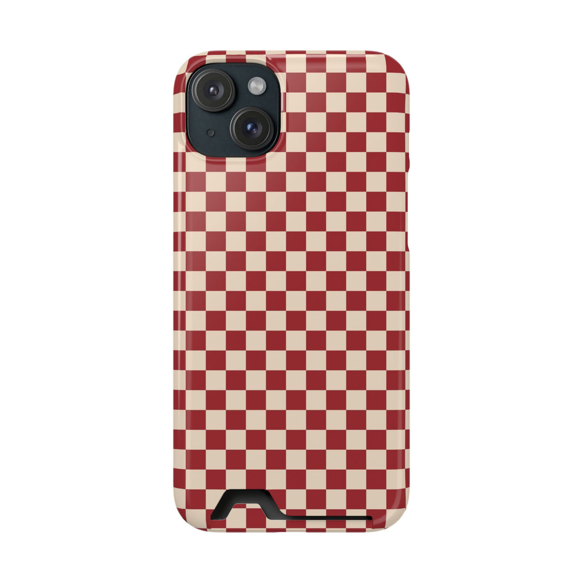 Red Checkered phone case with card holder for iPhone 15 Plus, glossy finish