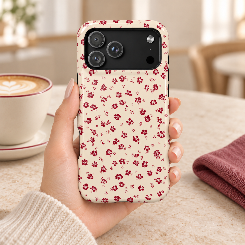 Red Ditsy Floral protective phone case, tiny red flowers on cream, lifestyle photo in hand with coffee