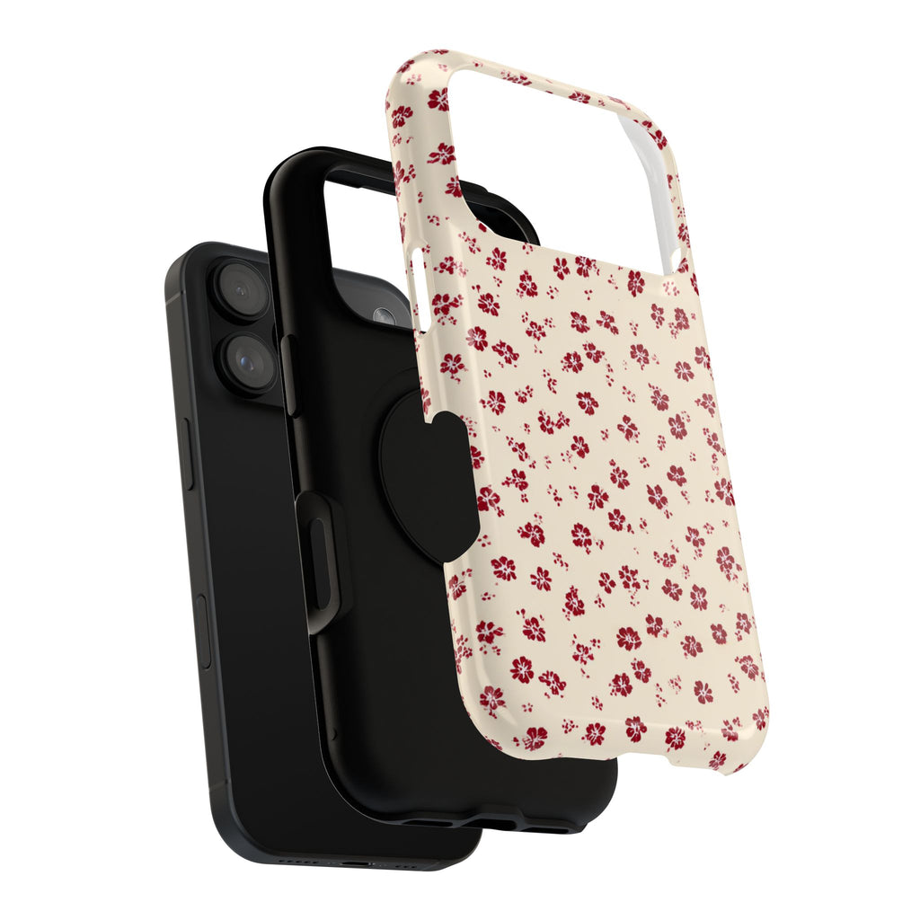 Red Ditsy Floral protective phone case, close-up of the dual-layer construction