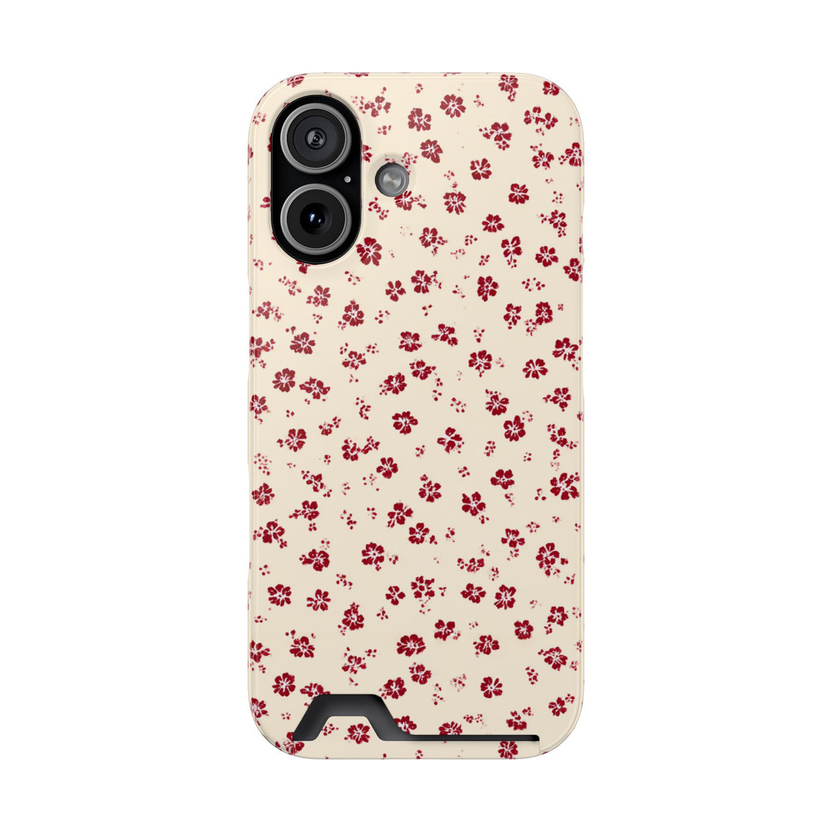 Red Ditsy Floral phone case with card holder for iPhone 17, glossy finish