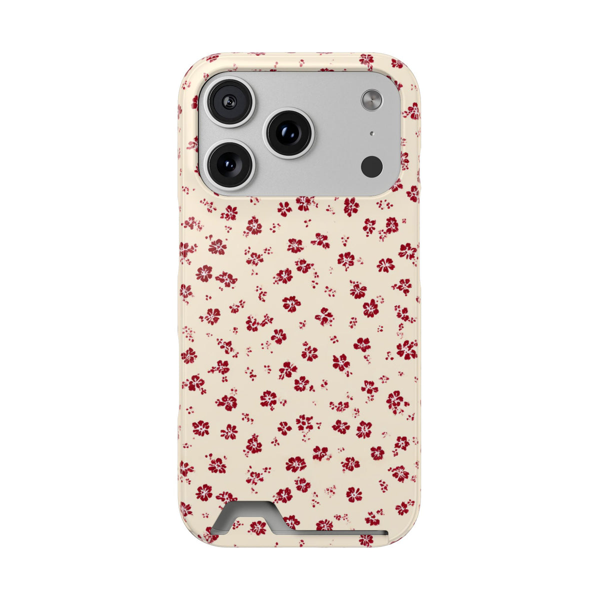 Red Ditsy Floral phone case with card holder for iPhone 17 Pro, glossy finish