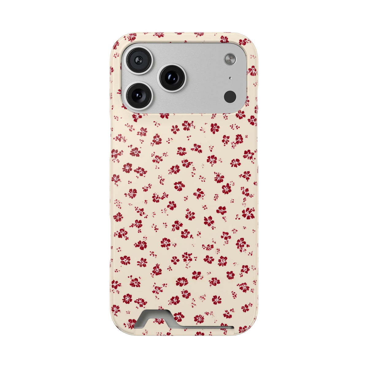 Red Ditsy Floral phone case with card holder for iPhone 17 Pro Max, glossy finish