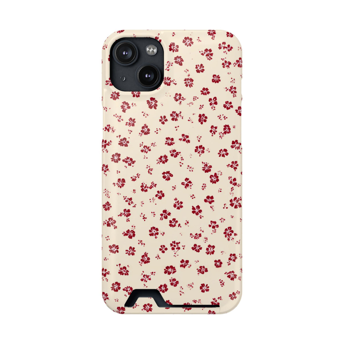 Red Ditsy Floral phone case with card holder for iPhone 14 Plus, glossy finish