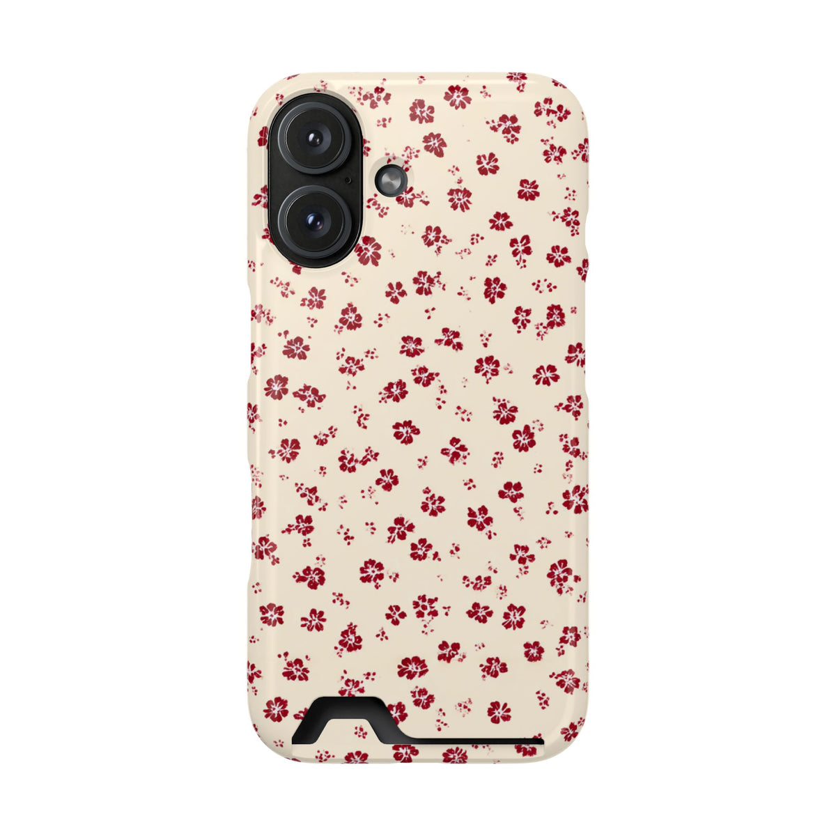 Red Ditsy Floral phone case with card holder for iPhone 16, glossy finish