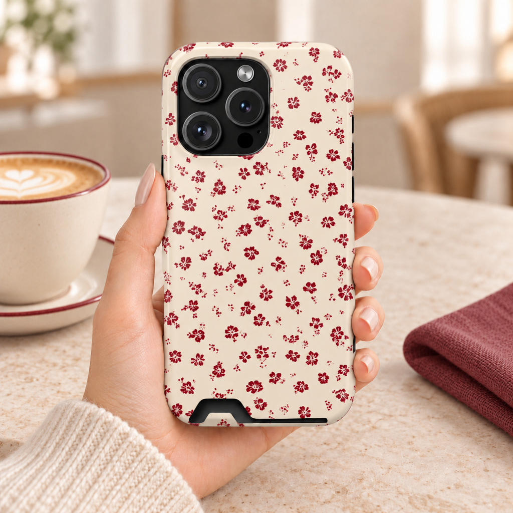 Red Ditsy Floral phone case with card holder, tiny red flowers on cream, lifestyle photo in hand with coffee