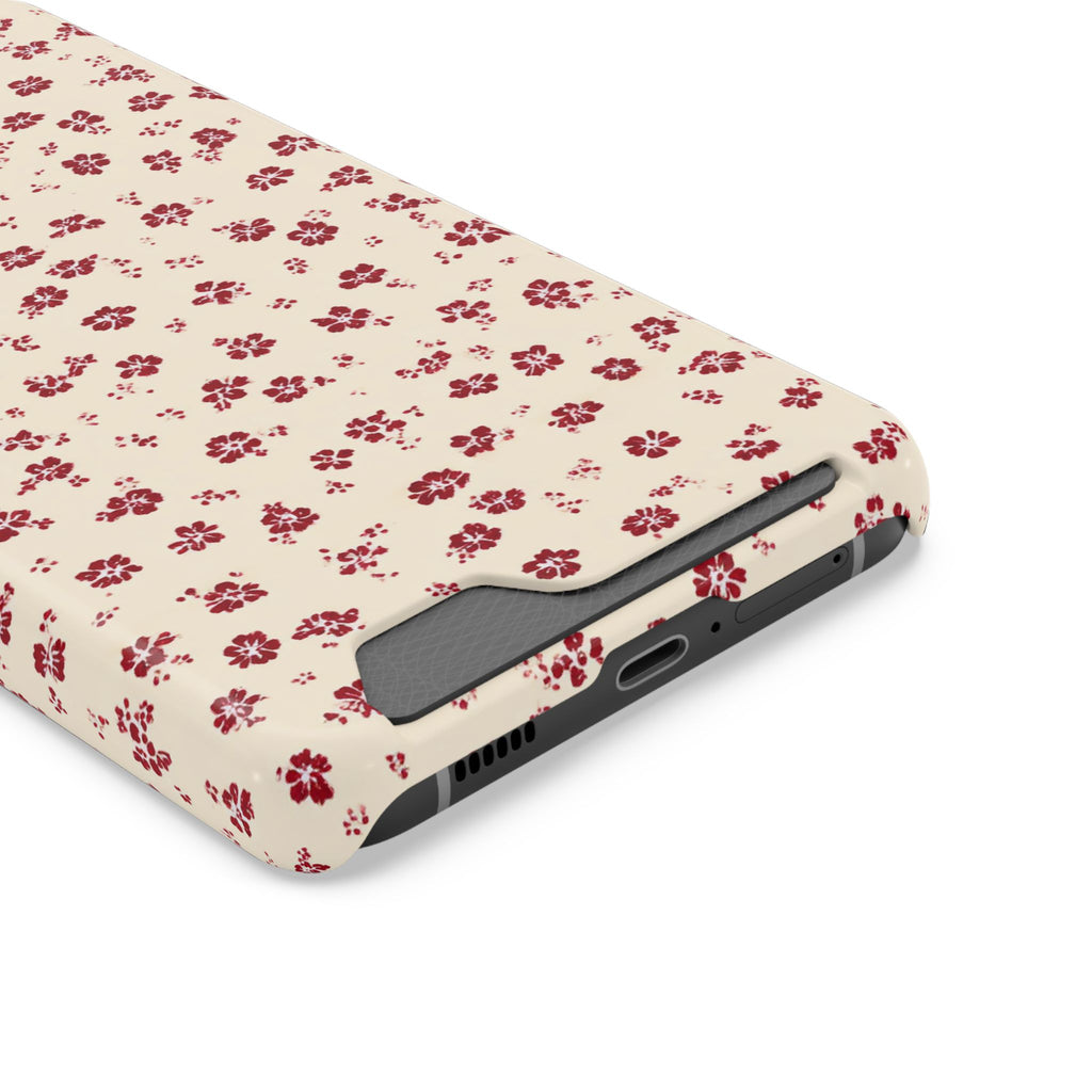 Red Ditsy Floral phone case with card holder, close-up of the card slot