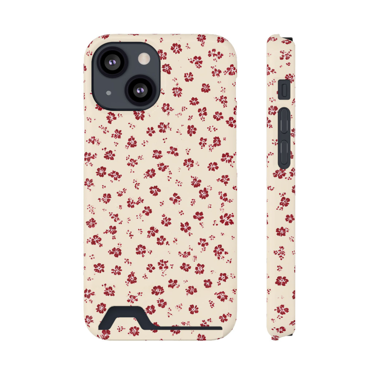 Red Ditsy Floral phone case with card holder for iPhone 13 Mini, glossy finish